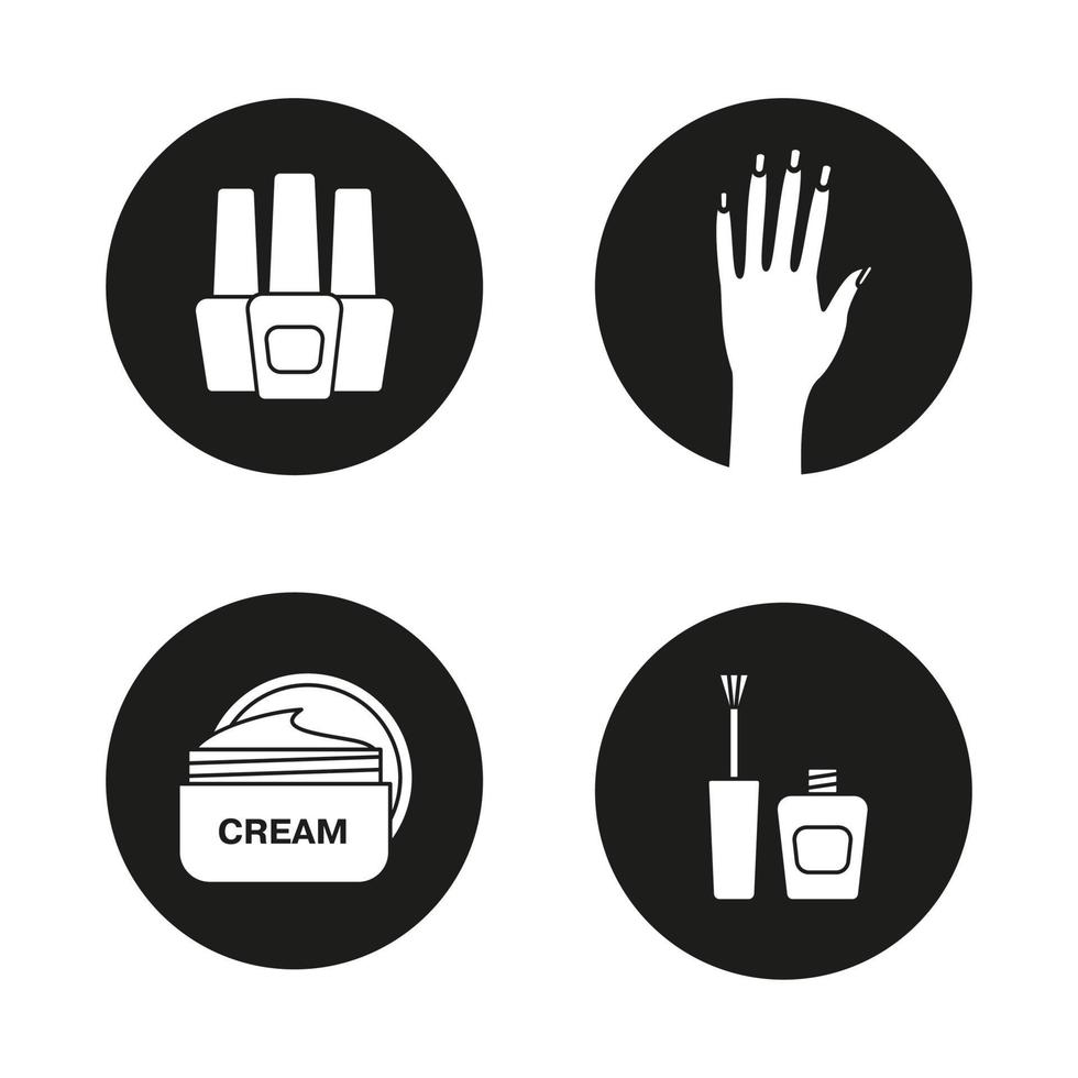 manicure pictogrammen instellen. nagellakflessen, vrouwenhand met manicure, zalfpotje. vector witte silhouetten illustraties in zwarte cirkels