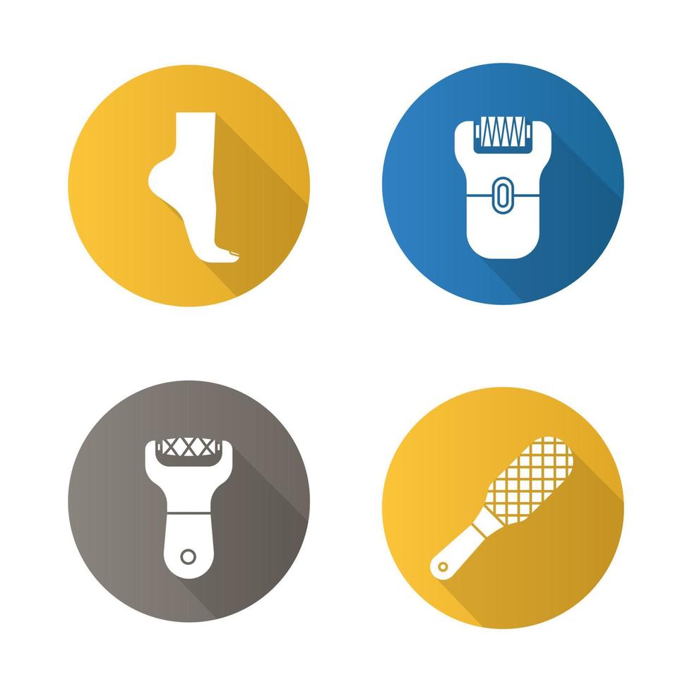 voeten zorg plat ontwerp lange schaduw iconen set. vrouwenvoet, vijl, rasp, epilator. vector silhouet illustratie