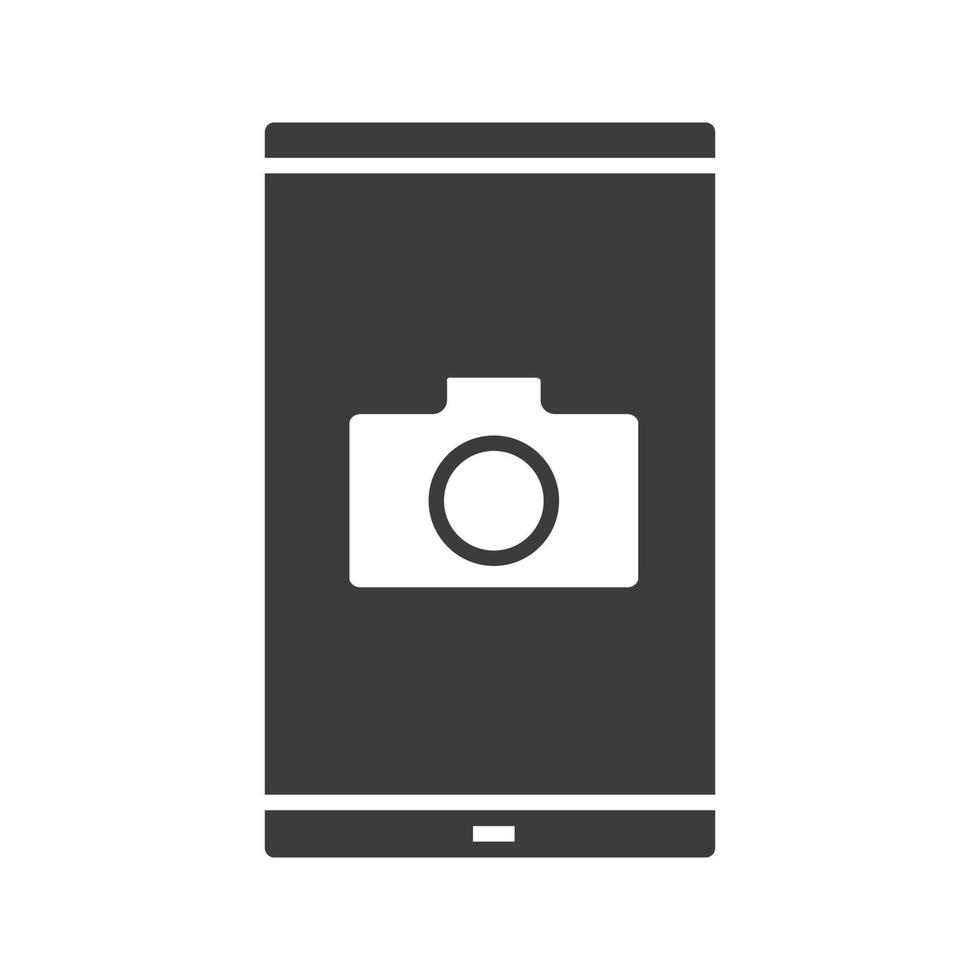 smartphone met fotocamera glyph-pictogram. silhouet symbool. smartphone met fotocamera. negatieve ruimte. vector geïsoleerde illustratie