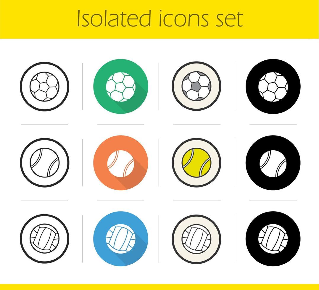 sport ballen pictogrammen instellen. plat ontwerp, lineaire, zwarte en kleurstijlen. voetbal, volleybal en tennisballen. geïsoleerde vectorillustraties vector