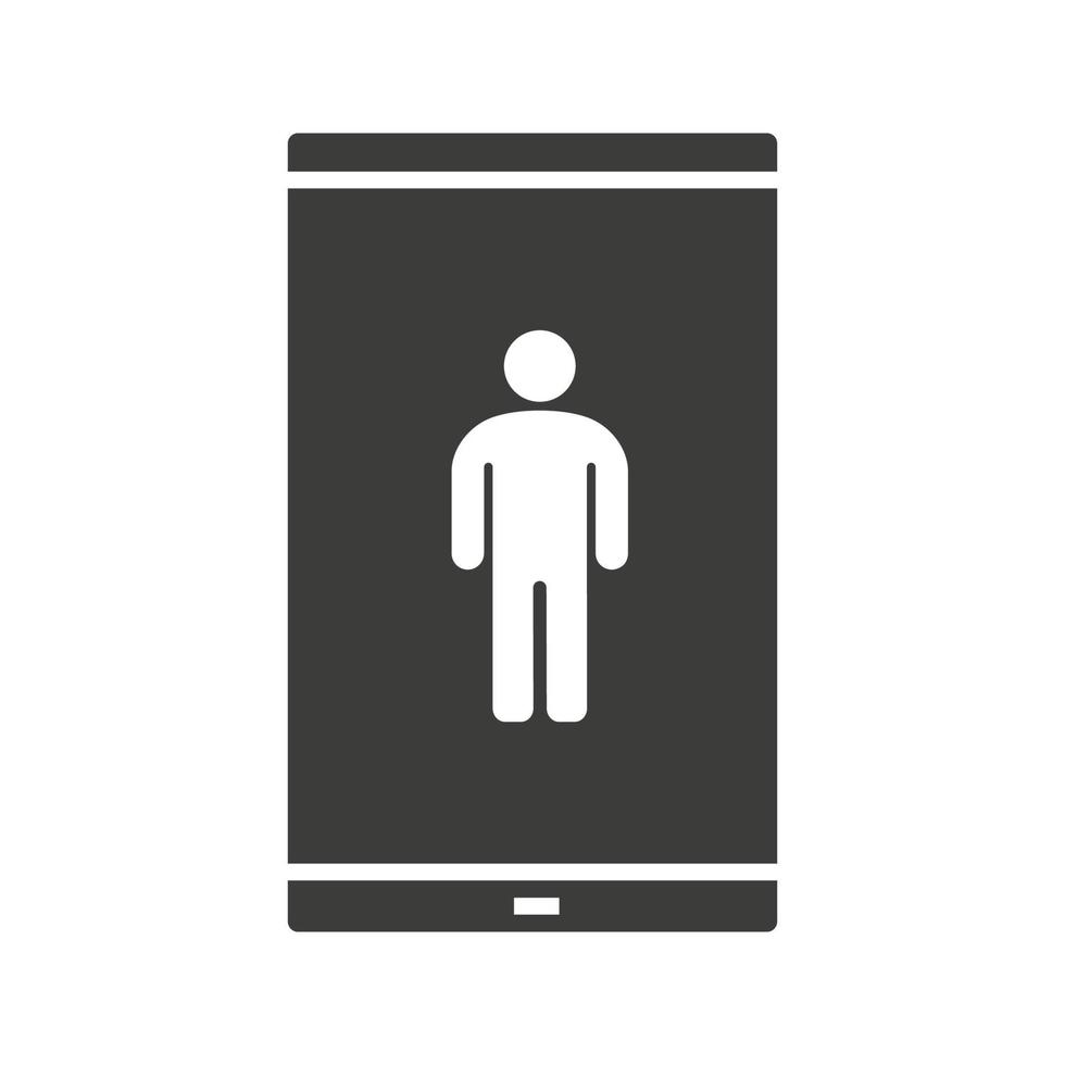 smartphone glyph-pictogram. silhouet symbool. slimme telefoon met man. negatieve ruimte. vector geïsoleerde illustratie