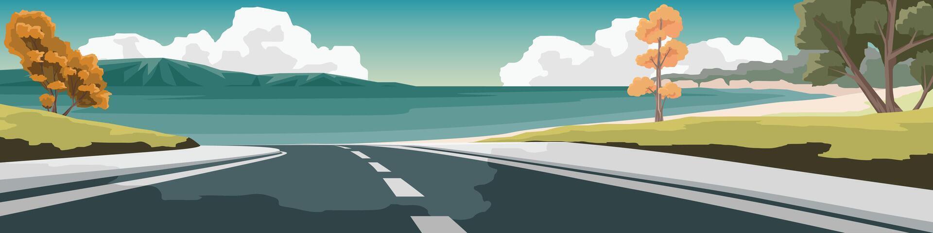 of illustrator van landschap visie van leeg asfalt weg. breed Open veld- de weg leidend naar beneden naar de enorm strand. achtergrond van zee strand en eiland onder blauw lucht en wit wolken. vector
