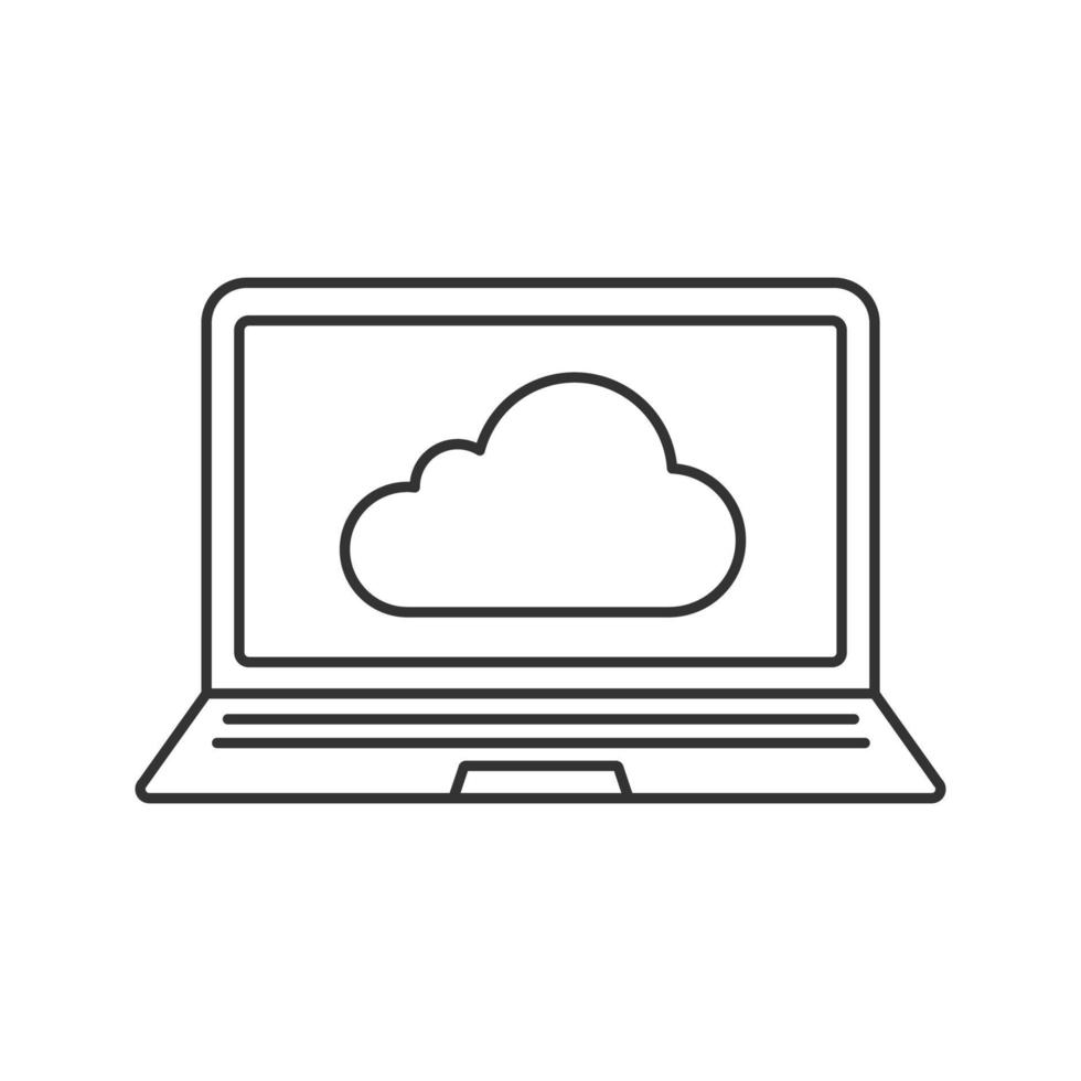 laptop cloud computing lineaire pictogram. webopslag. dunne lijn illustratie. notitieboekje met wolkcontoursymbool. vector geïsoleerde overzichtstekening