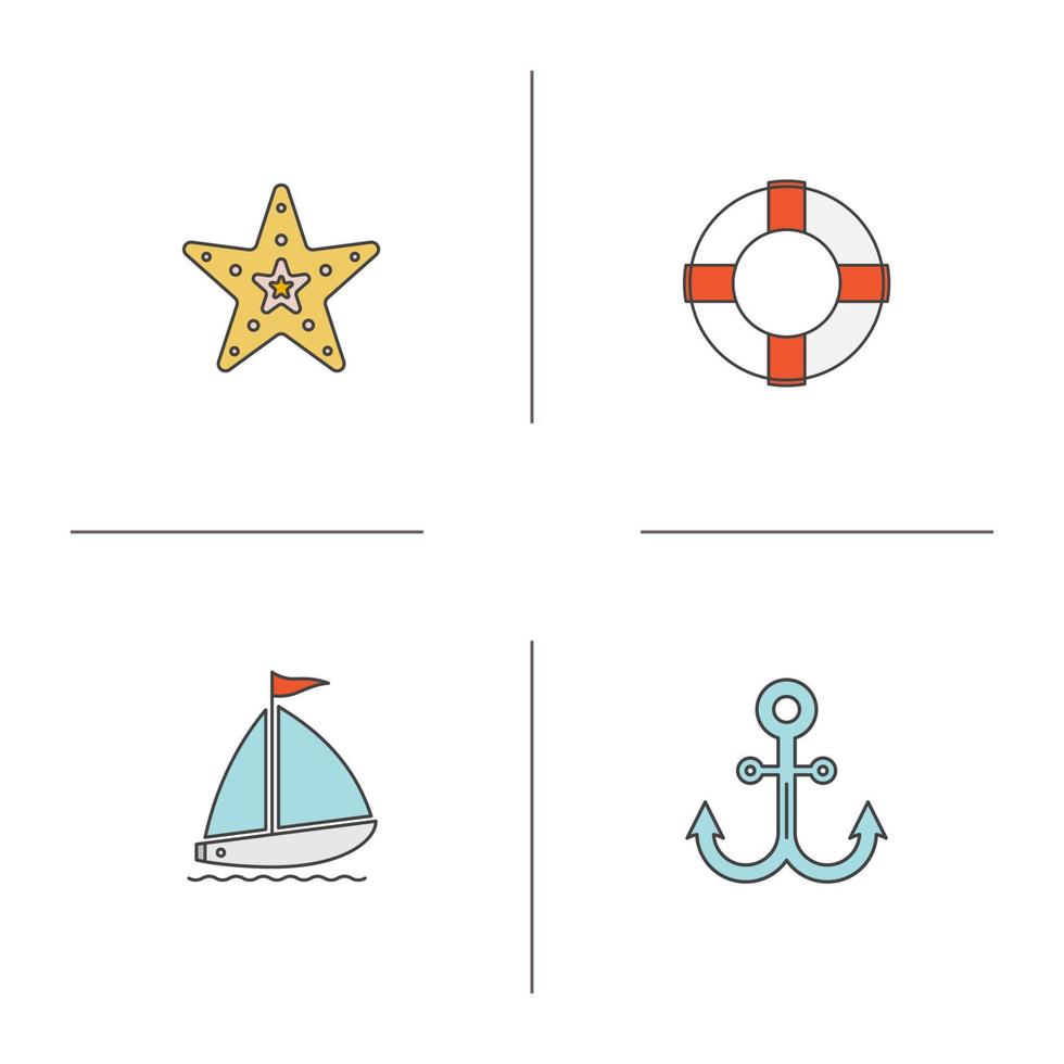 zomer kleur pictogrammen instellen. zeester, reddingsboei, zeilboot, anker. geïsoleerde vectorillustraties vector