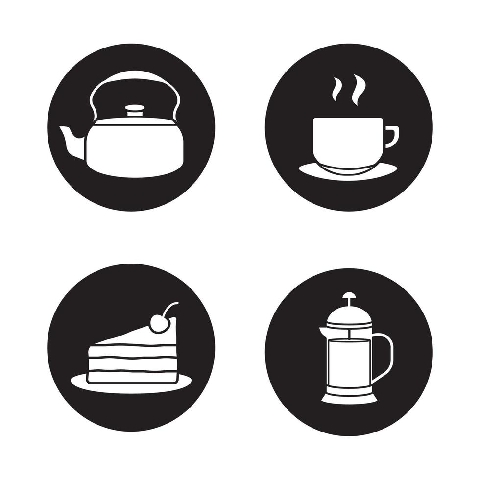 thee en koffie pictogrammen instellen. waterkoker, dampende kop op bord, chocoladetaart, franse pers. vector witte silhouetten illustraties in zwarte cirkels