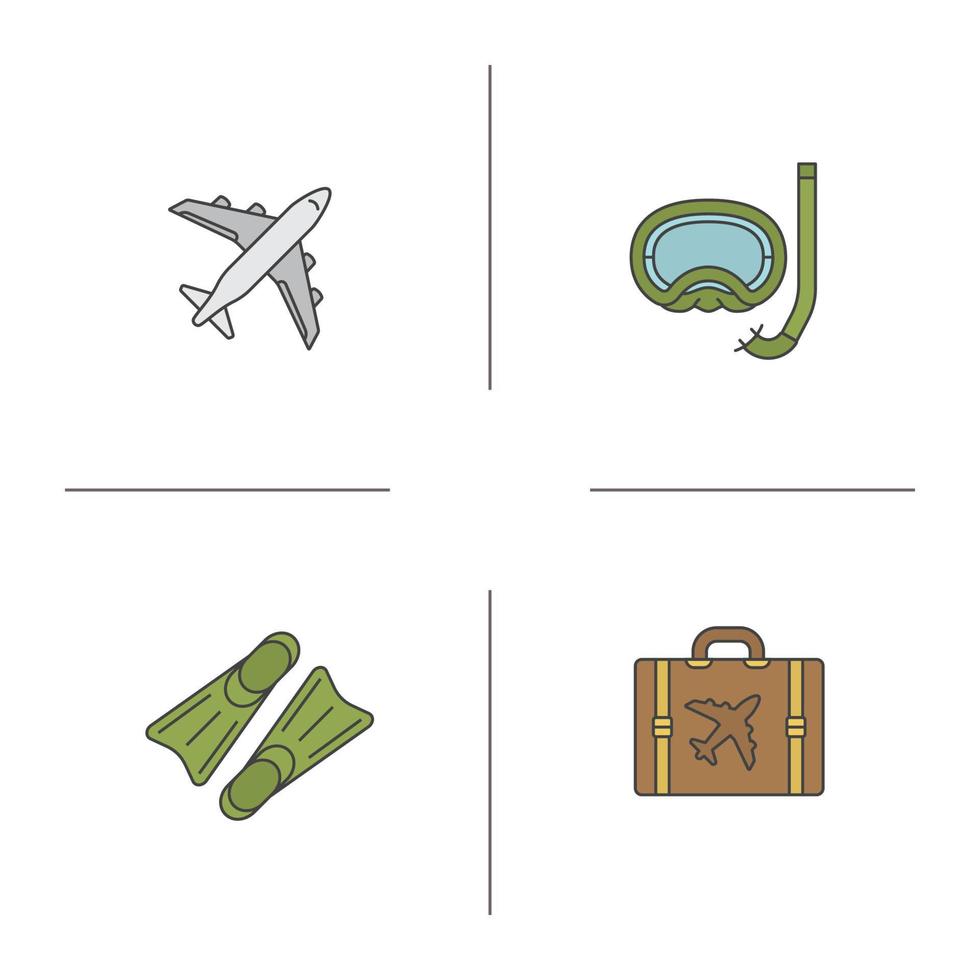 zomervakanties gekleurde pictogrammen instellen. vliegtuigvlucht, aqualung, flippers, koffer. geïsoleerde vectorillustraties vector