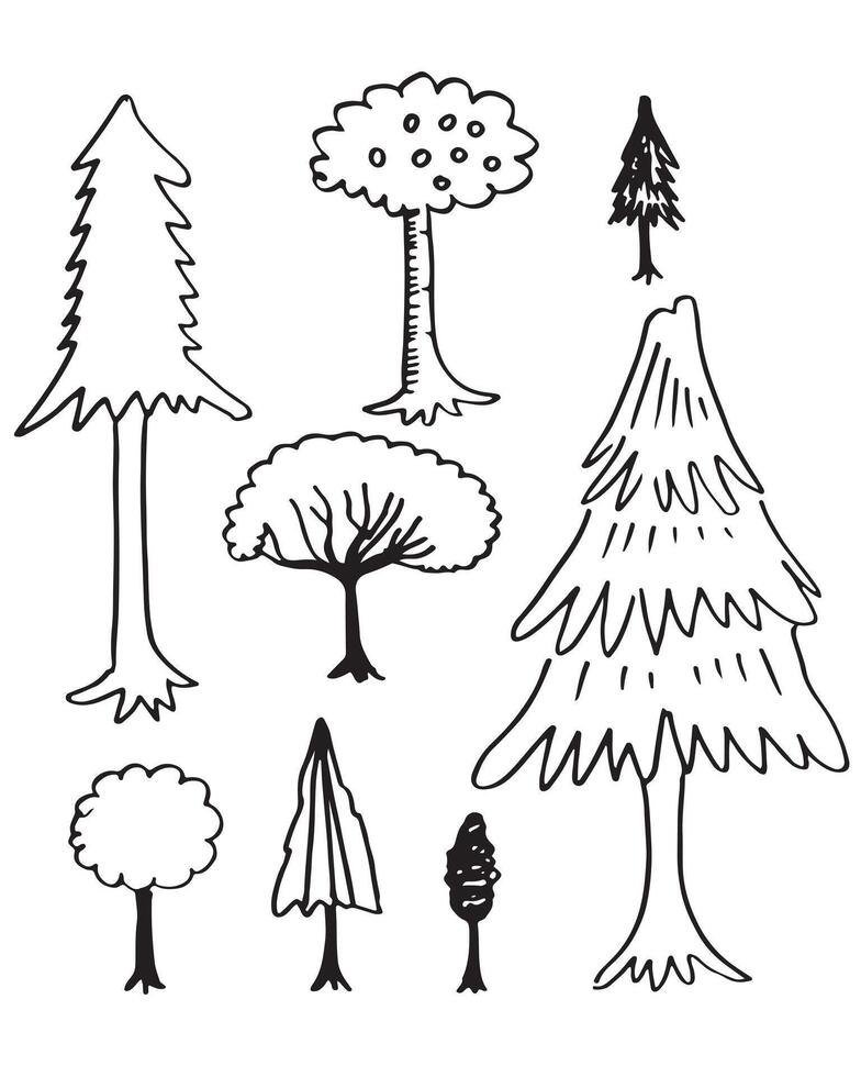 doodle park bos naaldboom abstracte silhouetten geschetst bomen in zwarte kleur collectie set vector