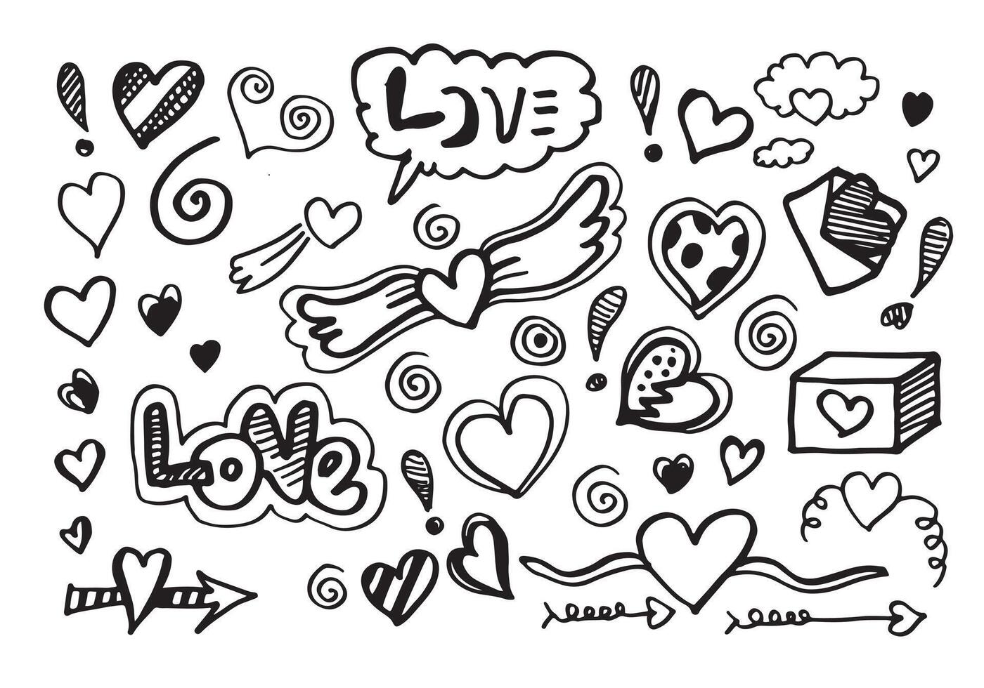 hand- getrokken doodles reeks voor Valentijnsdag dag. verzameling van mooi harten en geschriften liefde Aan roze achtergrond. vector