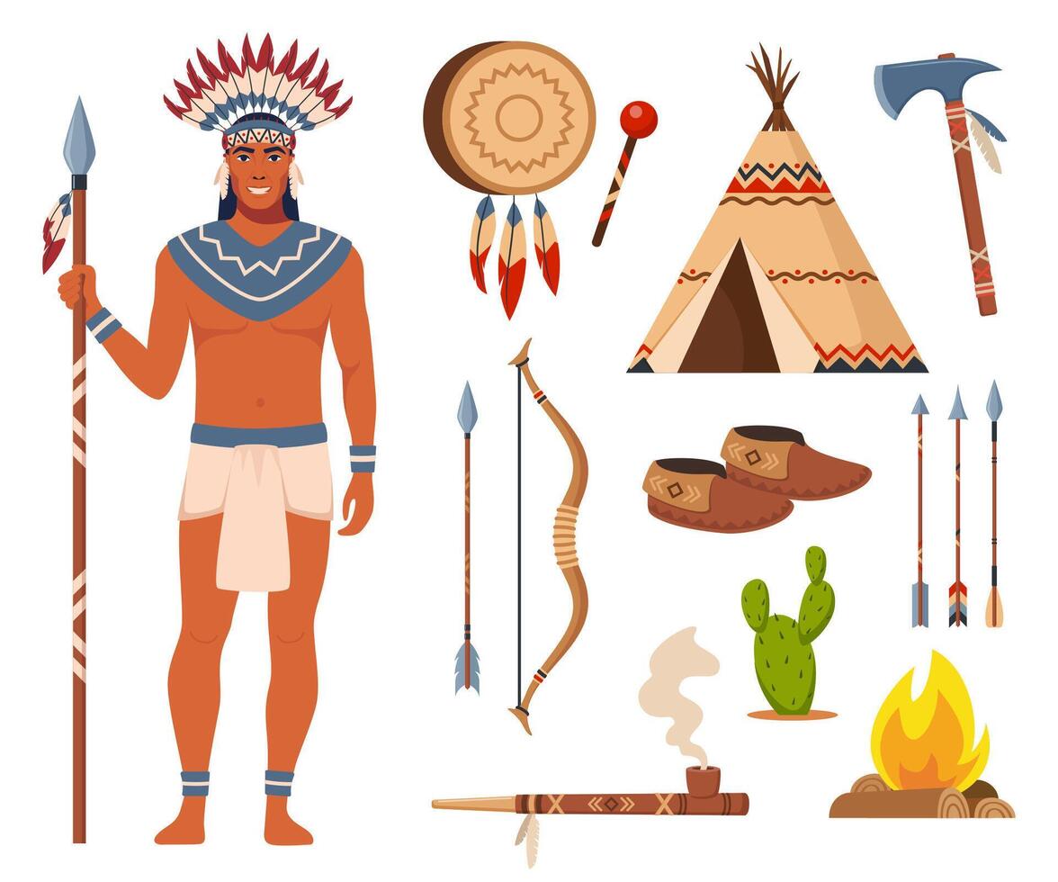 inheems Amerikaans indianen en traditioneel kleren set, wapens en cultureel symbolen. boog, pijlen, tamboerijn, wigwam, mocassins, tomahawk, vrede pijp. vector