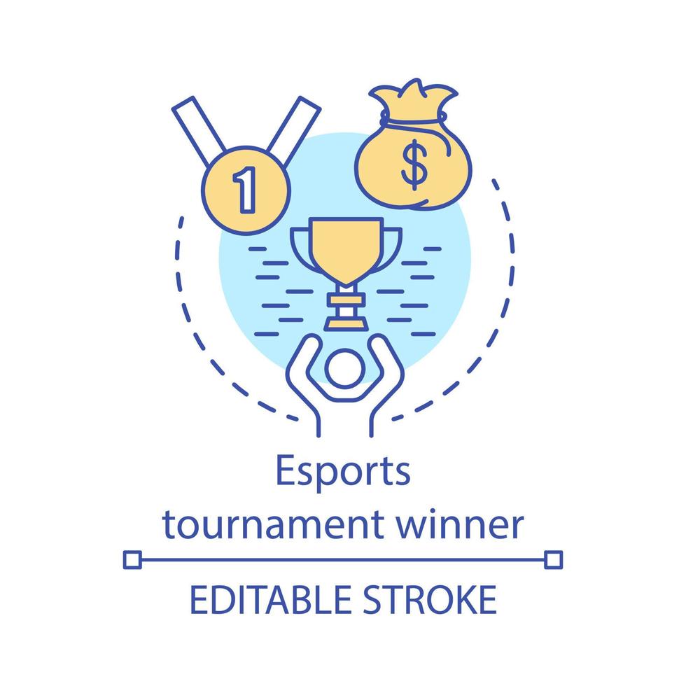 esports toernooi winnaar concept icoon. gamer met prijs. kampioen beker. competitie kampioen trofee. e sportcompetitie idee dunne lijn illustratie. vector geïsoleerde overzichtstekening. bewerkbare streek