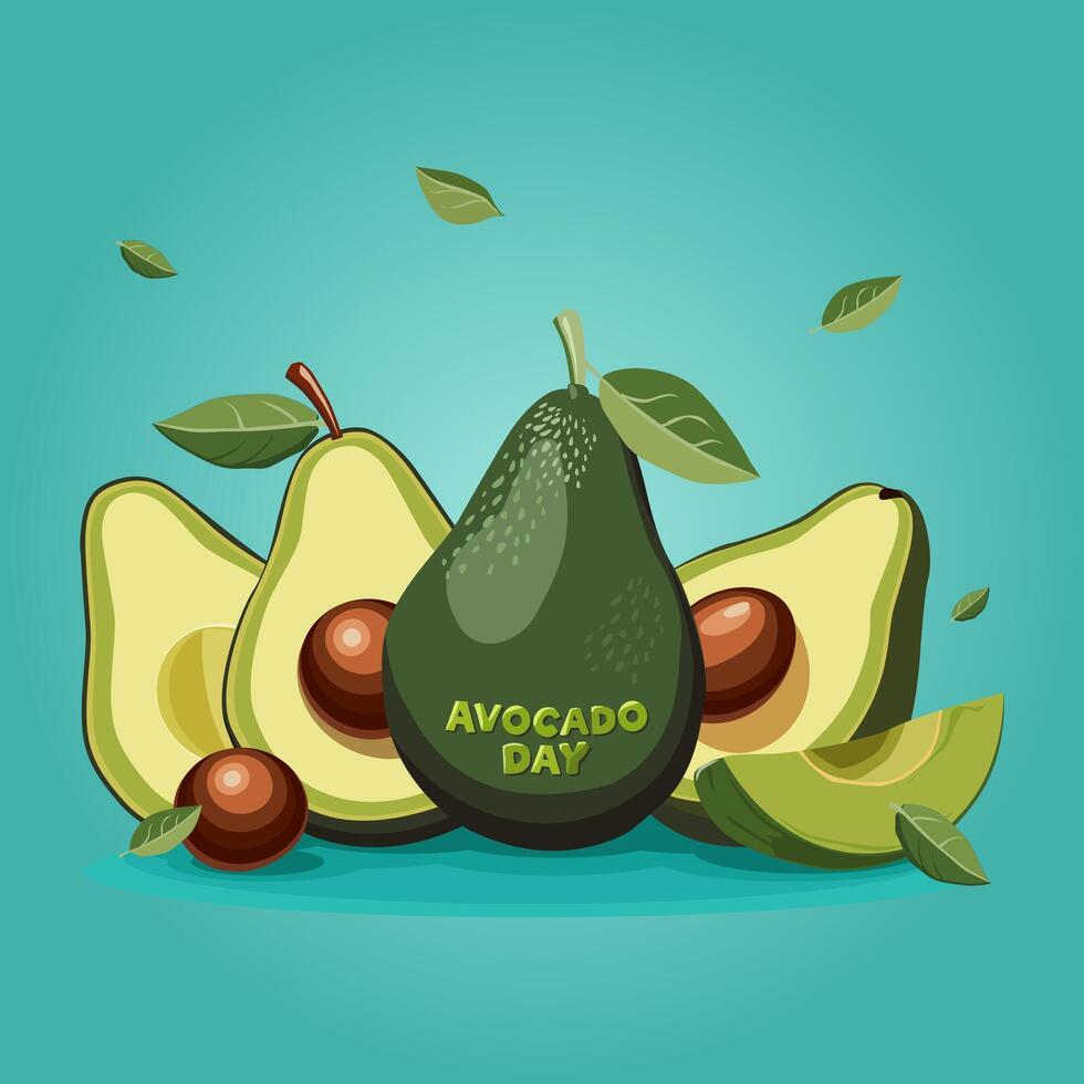 vers geheel en voor de helft besnoeiing groen avocado met bladeren en tekst. banier voor avocado dag. kant visie clip art geïsoleerd Aan blauw achtergrond. zomer voedsel illustratie in vlak stijl voor ontwerp voor partij vector