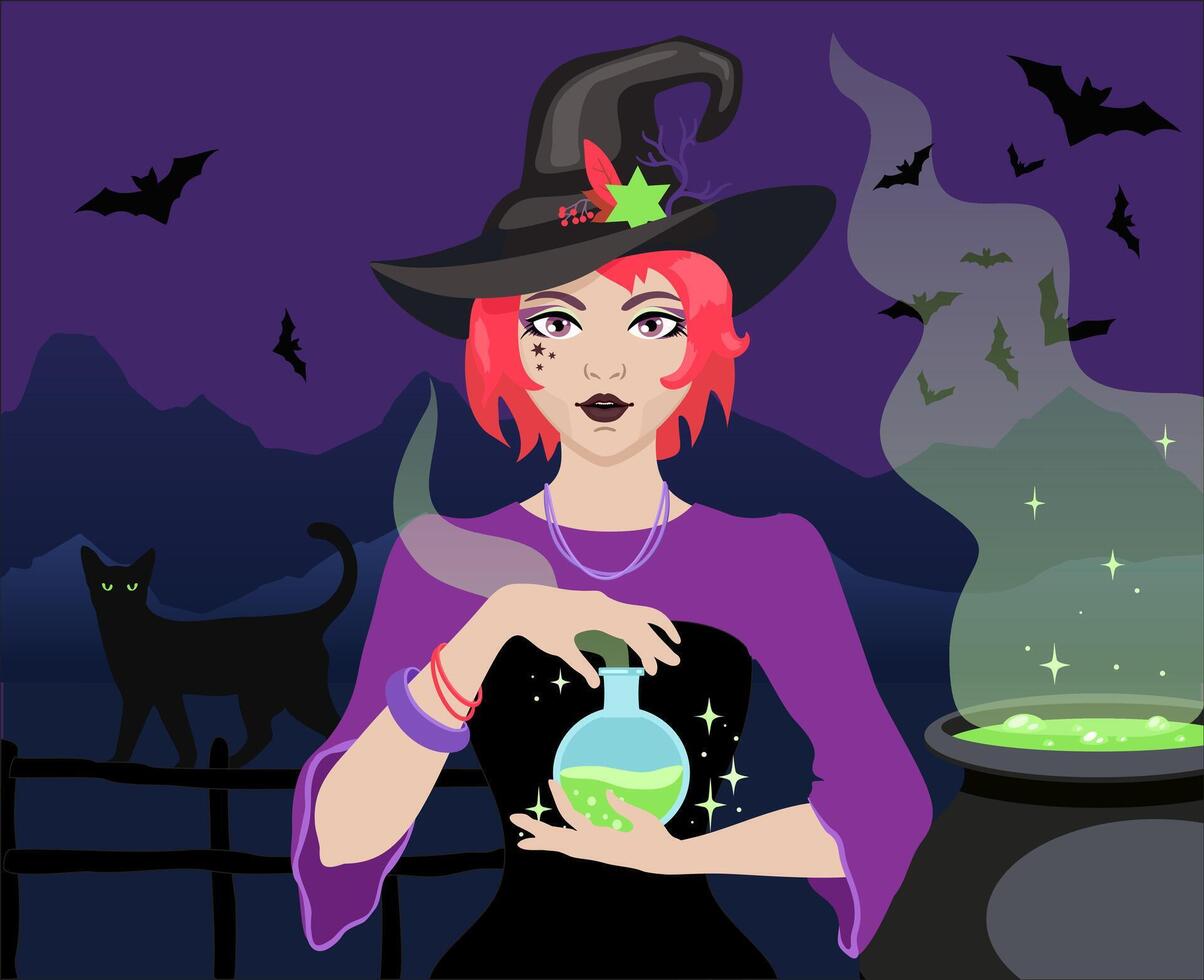 jong vrouw in heks hoed voorbereidingen treffen magie vergif. heks brouwen toverdrank in ketel, vliegend vleermuizen en zwart kat. gelukkig halloween concept. schattig halloween meisje vector