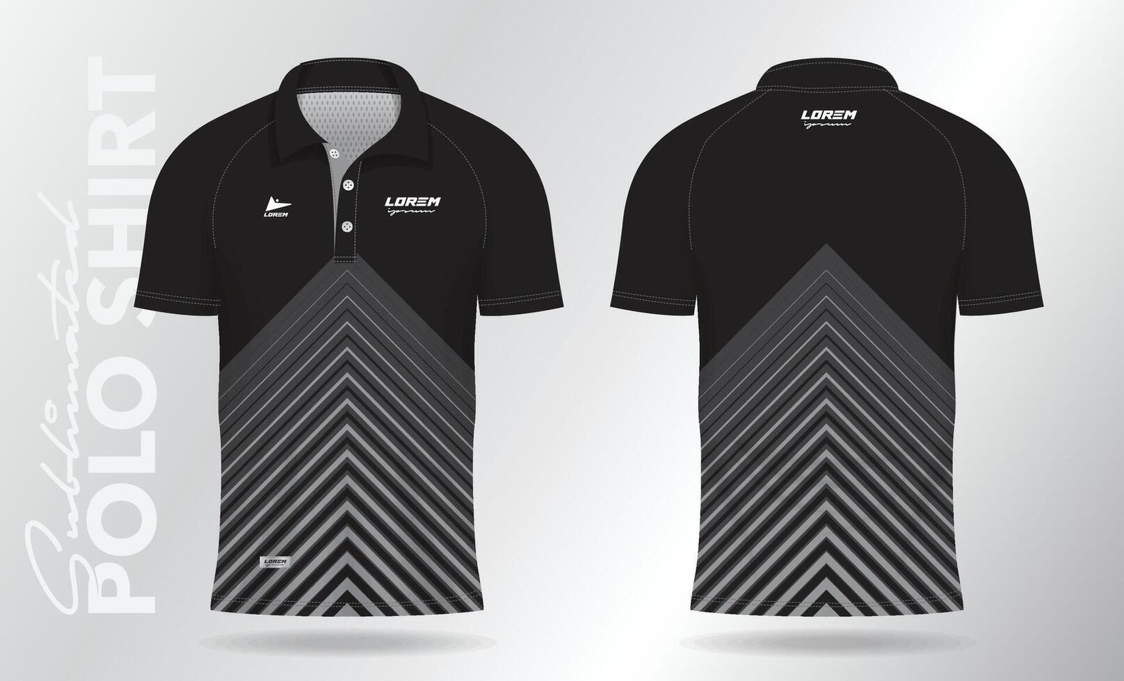 zwart polo Jersey overhemd mockup sjabloon ontwerp voor badminton, tennis, voetbal, Amerikaans voetbal of sport uniform in voorkant visie en terug visie. vector