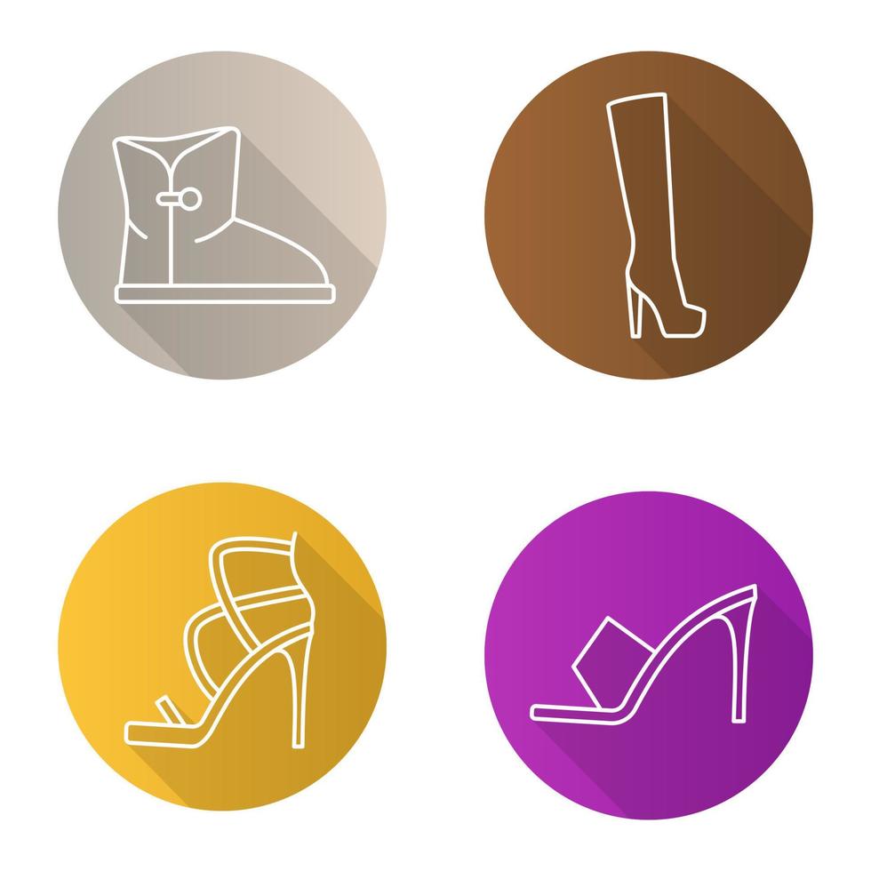 damesschoenen plat lineaire lange schaduw iconen set. schoenen met hoge hakken, warme winter- en hoge herfstlaarzen. vector lijn illustratie