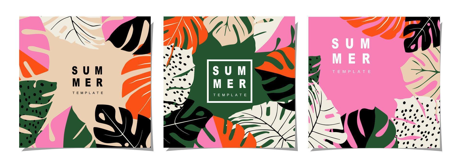 tropicals sjabloon reeks voor poster, omslag, kaart, label, banier in modern minimalistische stijl en gemakkelijk zomer ontwerp Sjablonen met tropisch bladeren, bloem. vector