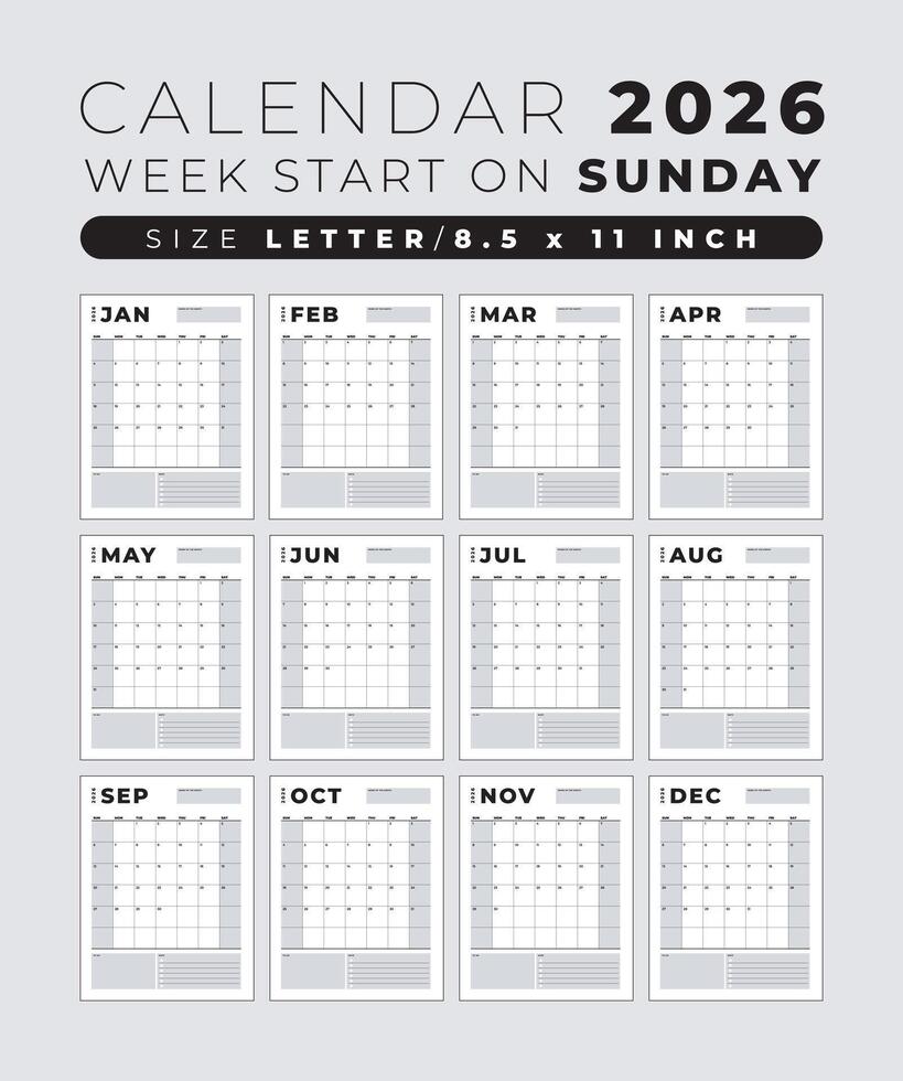 kalender 2026 blanco sjabloon schoon en minimaal ontwerp grootte brief, week begin Aan zondag vector