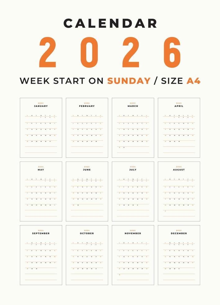 kalender 2026 blanco sjabloon schoon en minimaal ontwerp grootte a4, week begin Aan zondag vector