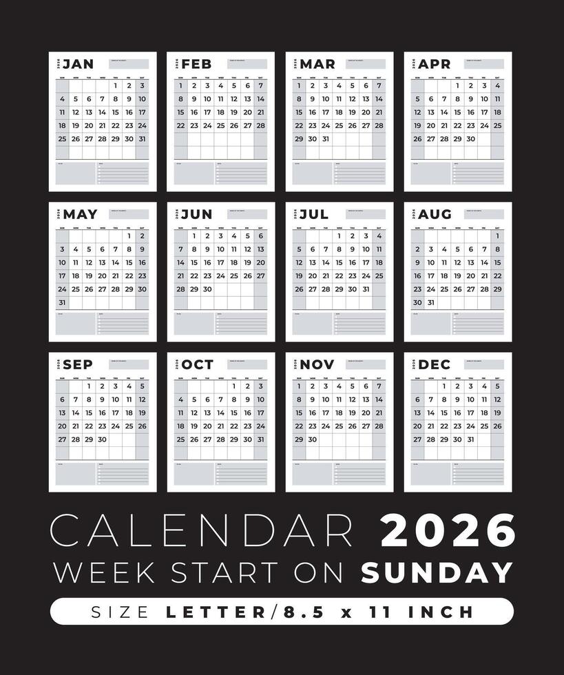 kalender 2026 blanco sjabloon schoon en minimaal ontwerp grootte brief, week begin Aan zondag vector