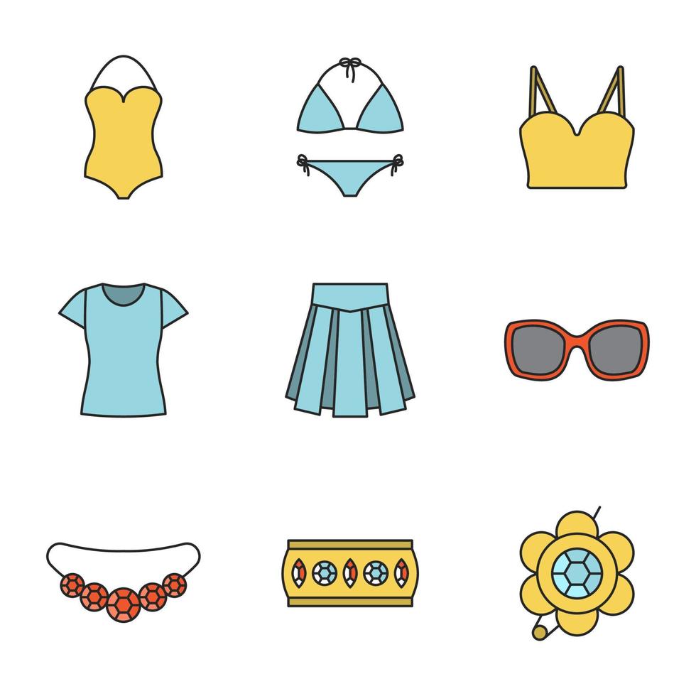 damesaccessoires gekleurde pictogrammen instellen. kleding en sieraden. zwemkleding, top, t-shirt, rok, zonnebril, armband, broche, halsketting. geïsoleerde vectorillustraties vector