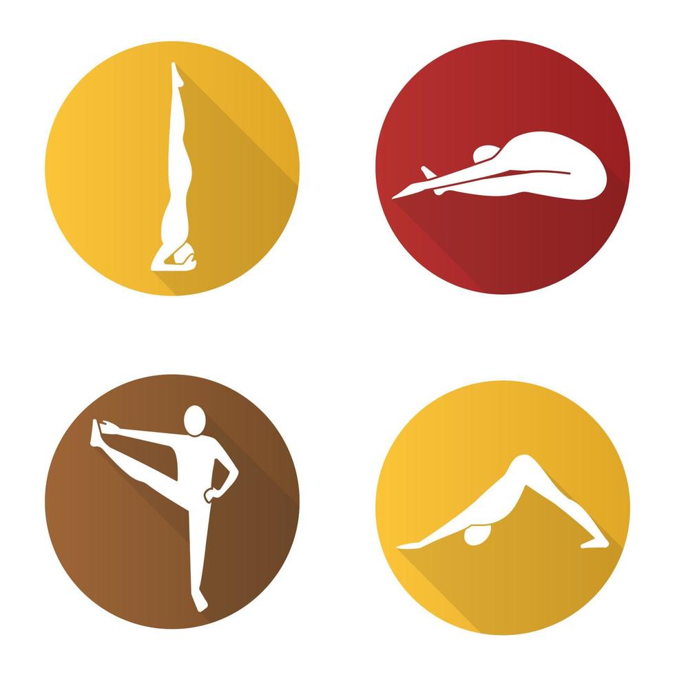 yoga asana's platte ontwerp lange schaduw iconen set. salamba sirsasana, paschimottanasana, utthita hasta padangusthasana, adho mukha svanasana. yoga houdingen. vector silhouet illustratie