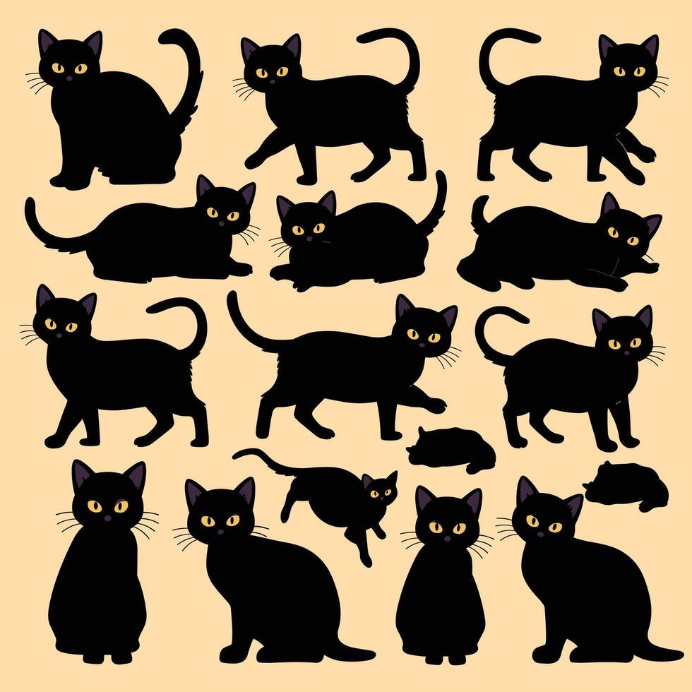 schattig en grappig katten tekening set. tekenfilm kat of katje tekens ontwerp verzameling met vlak kleur in verschillend poseert. vector