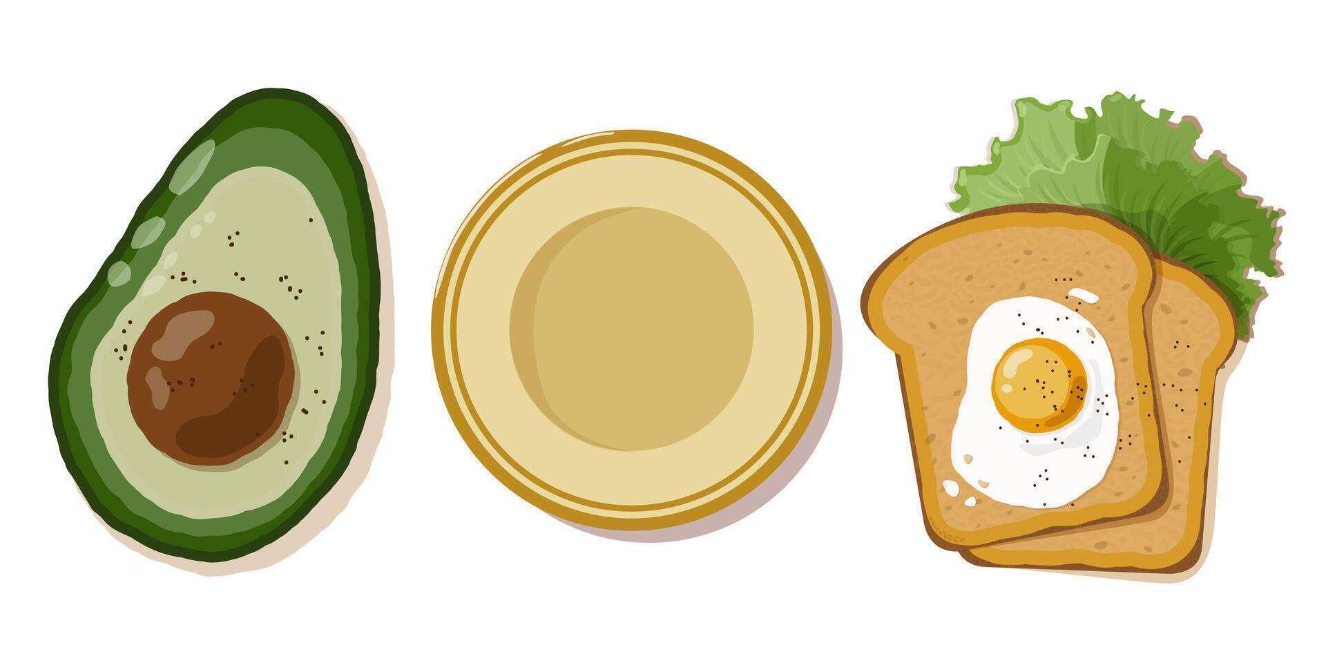 gezond ontbijt van zwart brood met door elkaar gegooid eieren, groen salade en avocado Aan een mooi bord. reeks van geïsoleerd illustraties Aan een wit achtergrond voor menu ontwerp, Sjablonen. vector