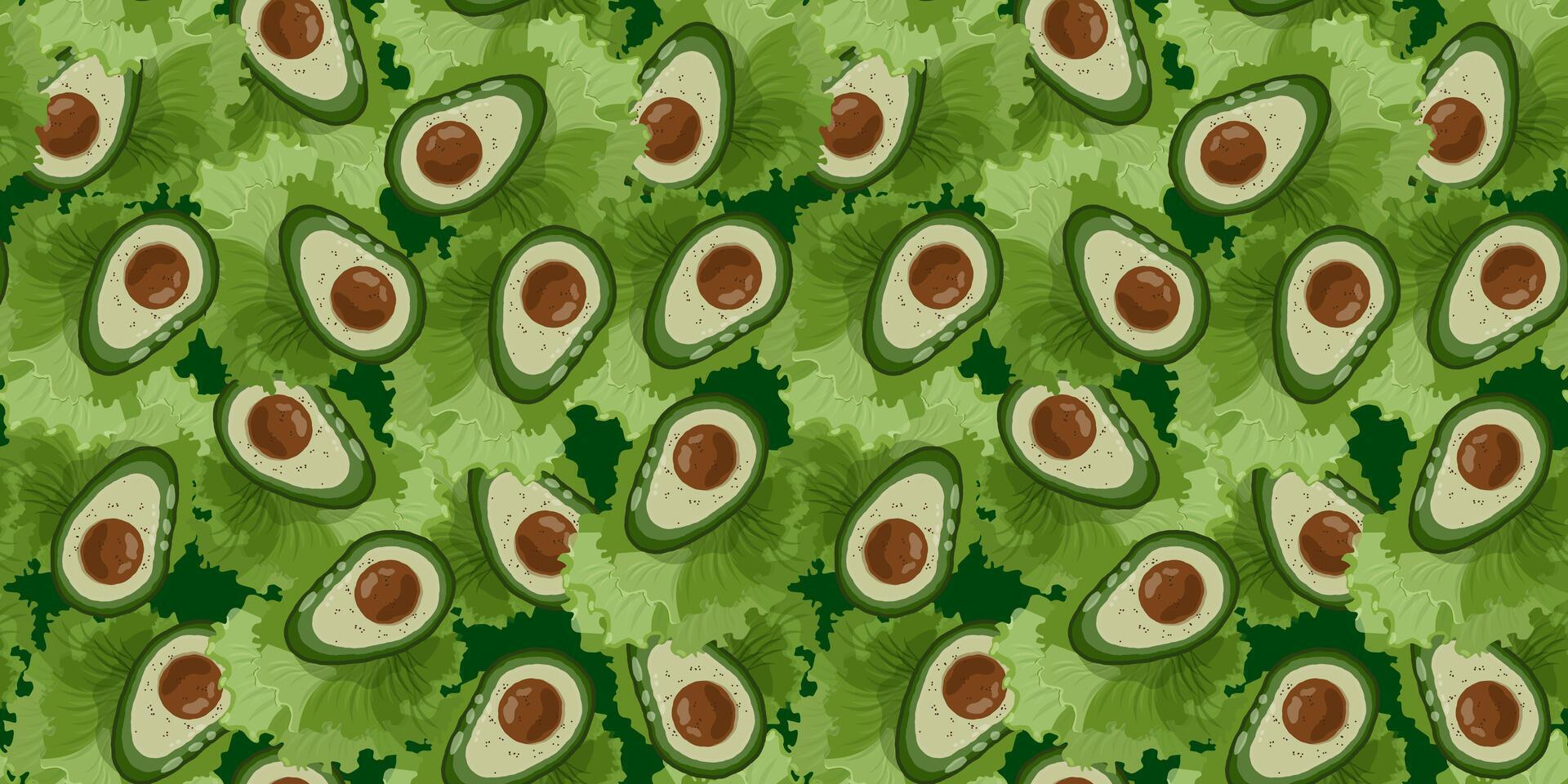 smakelijk naadloos patroon met avocado en groen salade bladeren. bloemen eindeloos afdrukken voor het drukken Aan kleding stof, omhulsel papier, dekt. vegetarisme en gezond aan het eten. vector