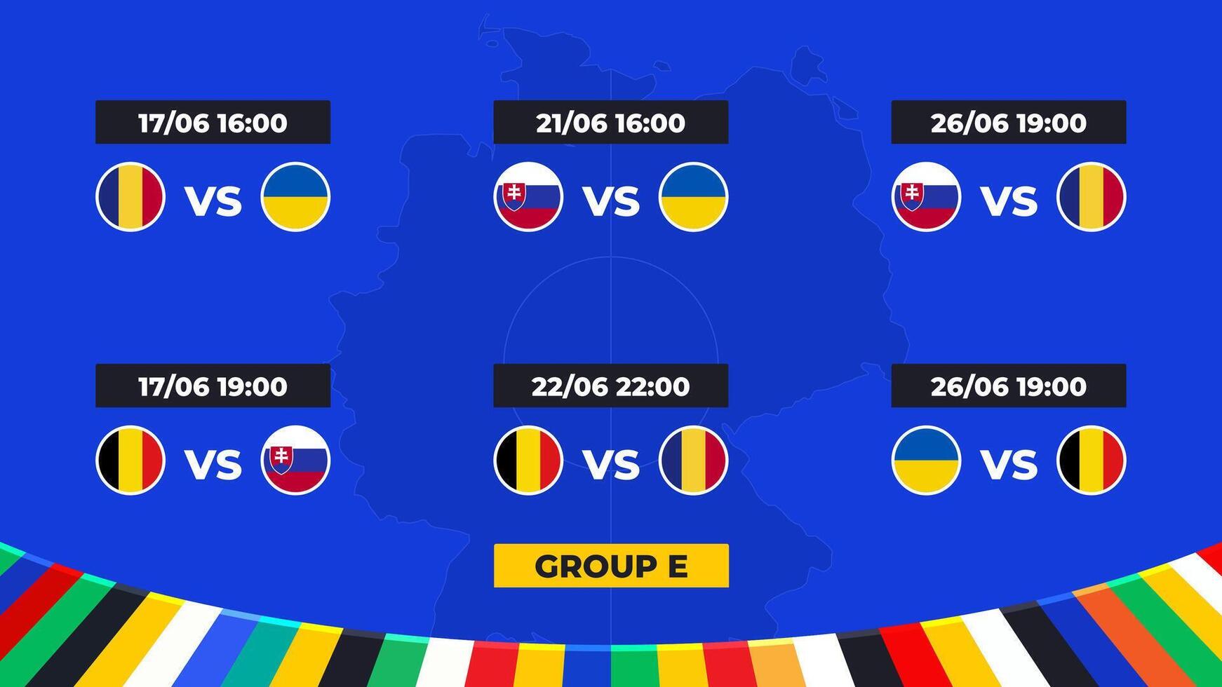 bij elkaar passen schema. groep e van de Europese Amerikaans voetbal toernooi in Duitsland 2024 groep stadium van Europese voetbal wedstrijden in duitsland. vector