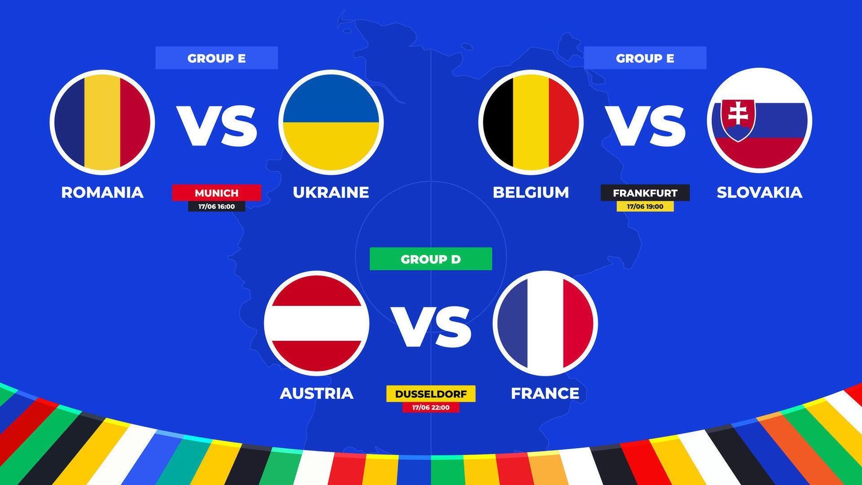 bij elkaar passen schema. groep d en e wedstrijden van de Europese Amerikaans voetbal toernooi in Duitsland 2024 groep stadium van Europese voetbal wedstrijd vector