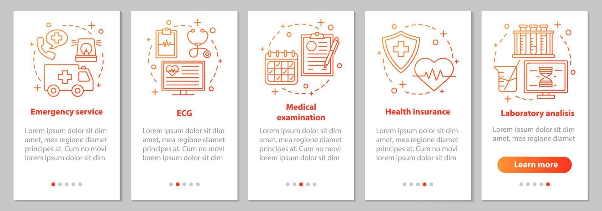 geneeskunde en gezondheidszorg onboarding mobiele app paginascherm met lineaire concepten. ambulance, onderzoek, ecg, ziektekostenverzekering, grafische instructies voor laboratoriumanalysestappen. ux, ui, gui vectorillustraties vector