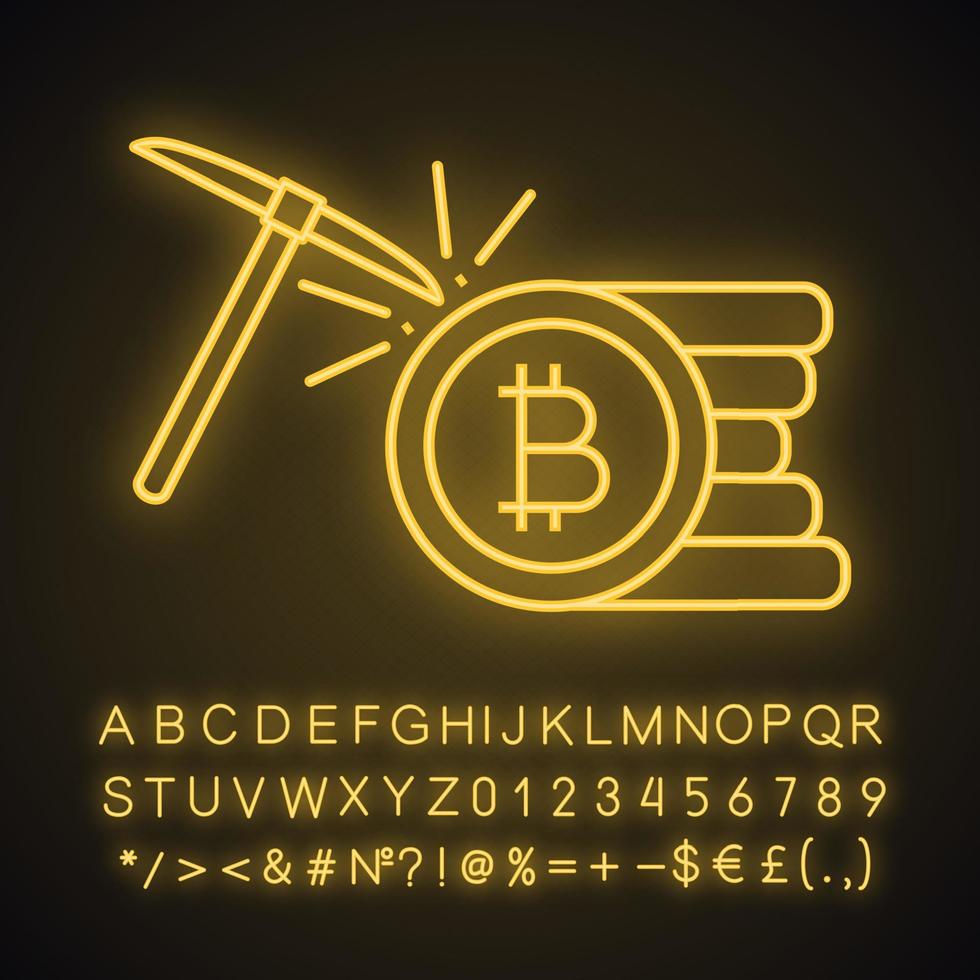 cryptocurrency mijnbouw neonlicht icoon. bitcoin crypto-mijnbouw. cryptocurrency-bedrijf. bitcoin munten stapelen met houweel. gloeiend bord met alfabet, cijfers en symbolen. vector geïsoleerde illustratie
