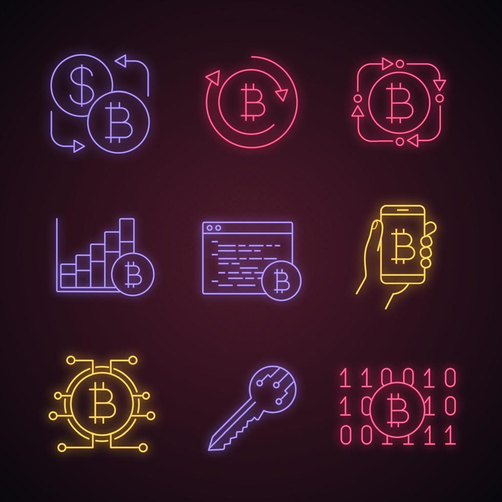 bitcoin cryptocurrency neonlicht pictogrammen instellen. bitcoin-uitwisseling, fintech, marktgroeigrafiek, mijnsoftware, digitale portemonnee, sleutel, binaire code. gloeiende borden. geïsoleerde vectorillustraties vector