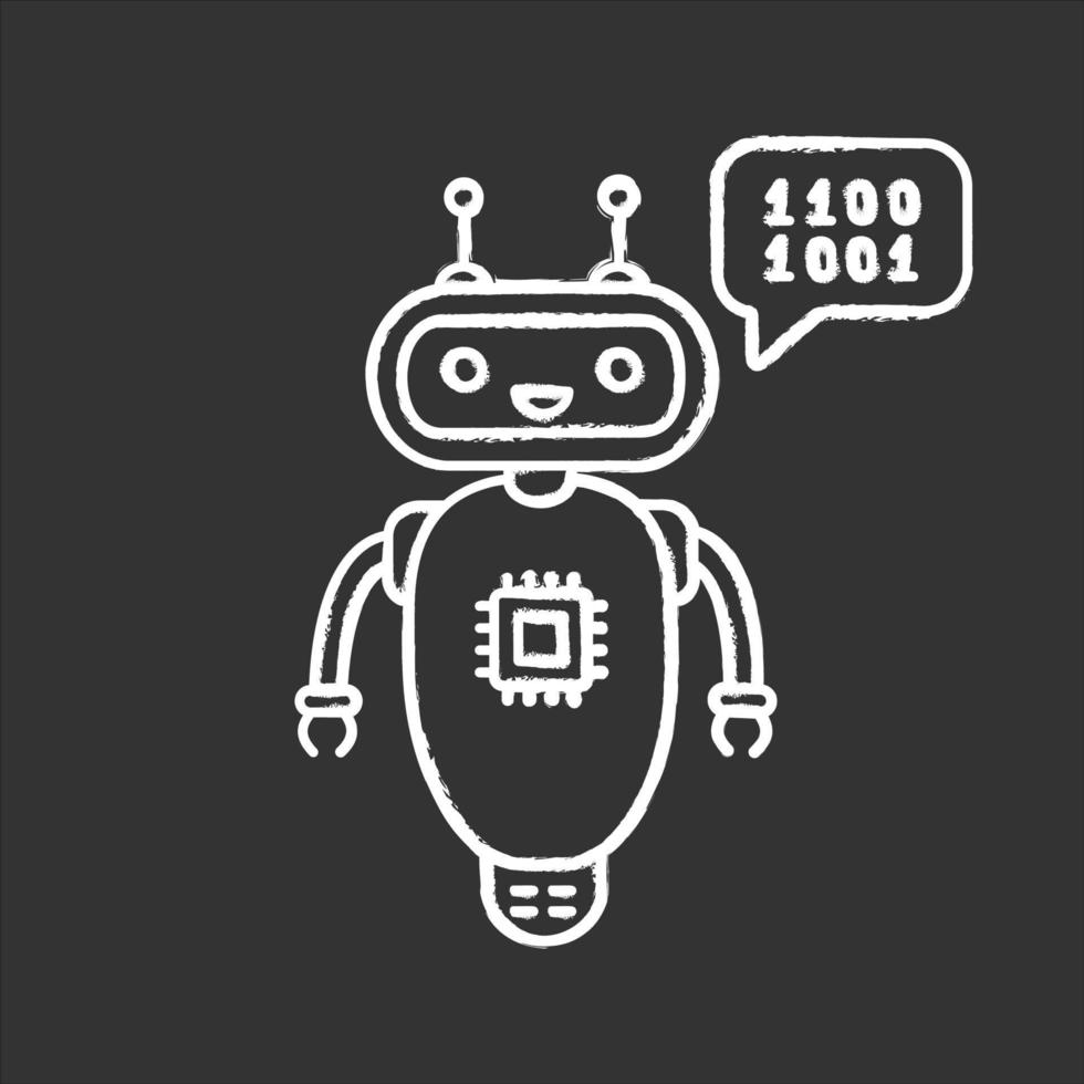 chatbot codering krijt icoon. talkbot met chip-insert. codebot. code schrijven virtuele assistent. online hulpje. moderne robot. geïsoleerde vector schoolbordillustratie
