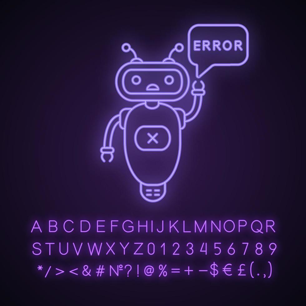 fout chatbot neonlicht icoon. talkbot met fout in tekstballon. online hulp. virtuele assistent. moderne robot. gloeiend bord met alfabet, cijfers en symbolen. vector geïsoleerde illustratie