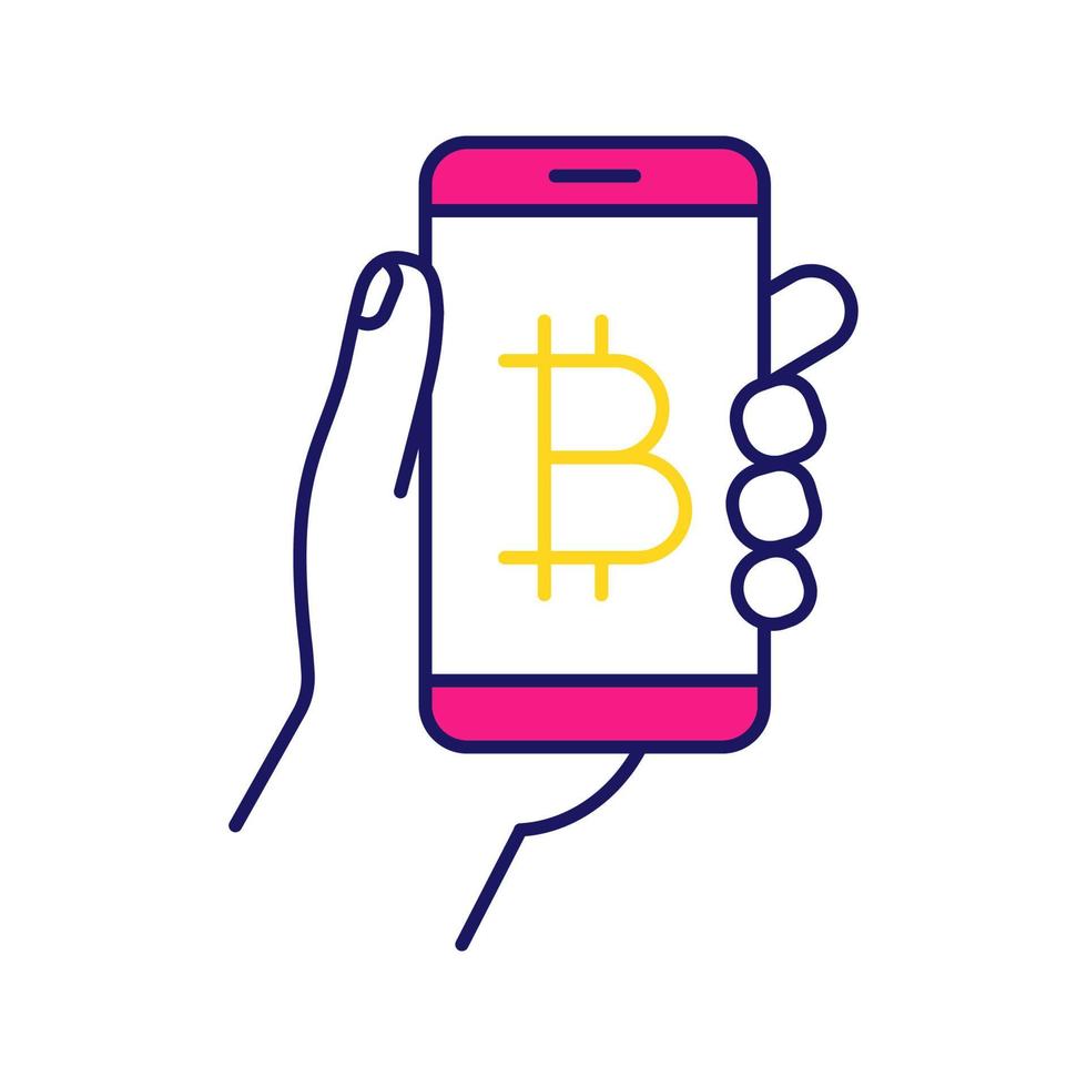 bitcoin digitale portemonnee kleur icoon. e-betaling. cryptogeld. hand met smartphone met bitcoin-teken. app voor digitale geldtransacties. geïsoleerde vectorillustratie vector