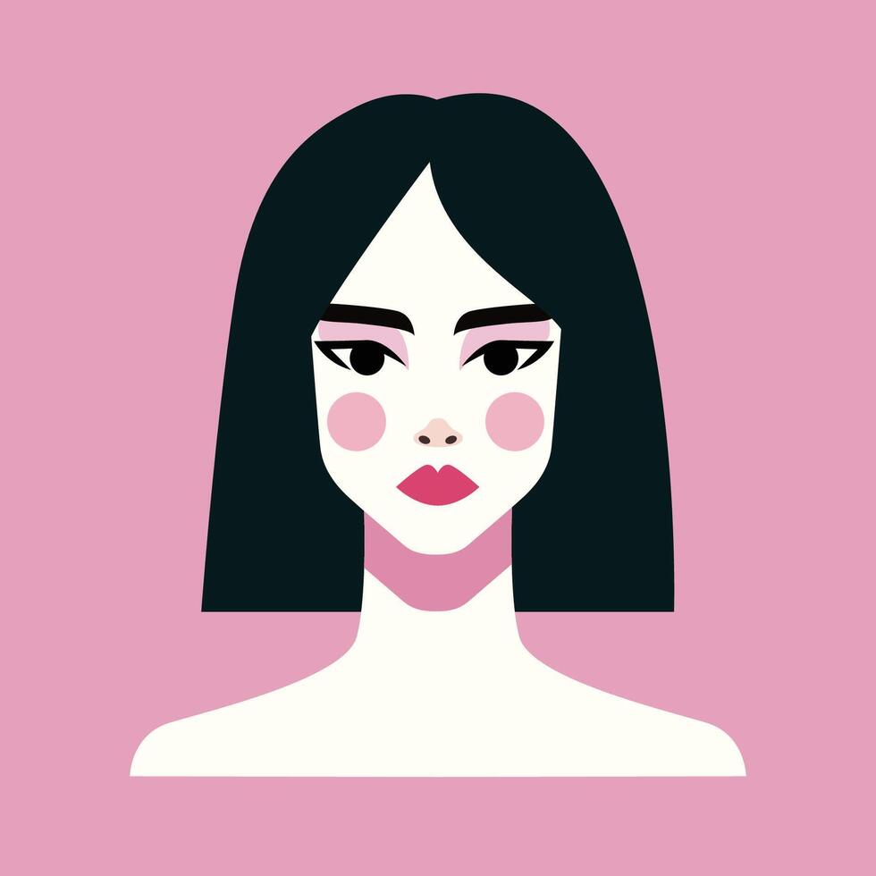 minimalistische vrouw portret. vlak ontwerp stijl. modieus kleurrijk illustratie. vrouw gezicht avatar geïsoleerd icoon. kleurrijk abstract tekenfilm karakter persoon. stoutmoedig aantrekkingskracht mensen levensstijl symbool. vector