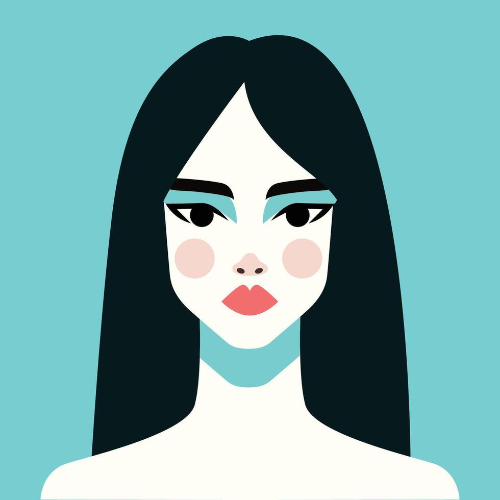 minimalistische vrouw portret. vlak ontwerp stijl. modieus kleurrijk illustratie. vrouw gezicht avatar geïsoleerd icoon. kleurrijk abstract tekenfilm karakter persoon. stoutmoedig aantrekkingskracht mensen levensstijl symbool. vector