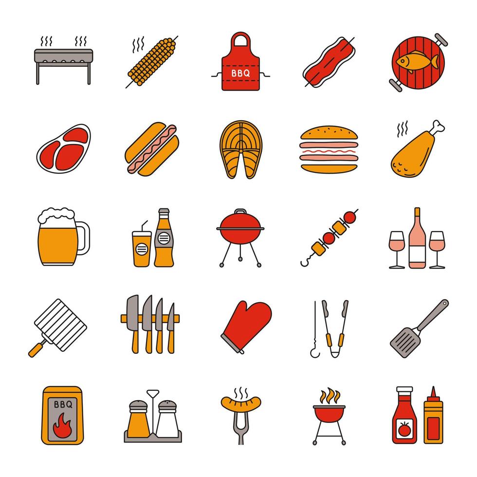 barbecue kleur pictogrammen instellen. barbecueën. barbecuegrills, eten, drinken, keukengerei. geïsoleerde vectorillustraties vector