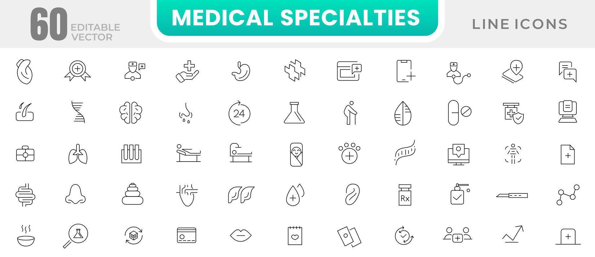 medicijnen en Gezondheid zorg lijn pictogrammen set. gezondheidszorg, medisch, geneesmiddel, controleren omhoog, dokter, tandheelkunde, apotheek, laboratorium, wetenschappelijk ontdekking pictogrammen verzameling. schets icoon verzameling. vector