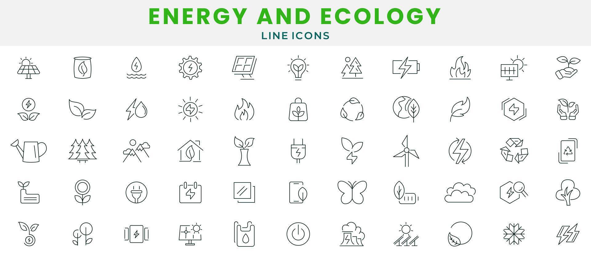 energie en ecologie icoon set. bescherming, planeet zorg, natuurlijk recycling stroom, hernieuwbaar energie, zonne- cellen, omgeving, hernieuwbaar energie, groen technologie, duurzaamheid, natuur, water icoon vector