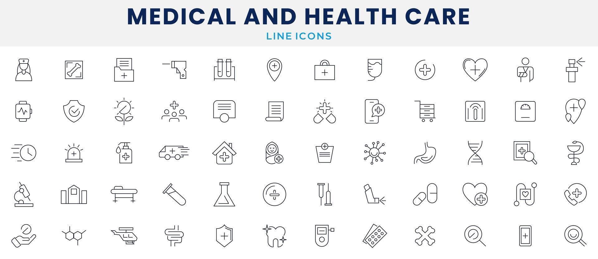 medicijnen en Gezondheid zorg lijn pictogrammen set. gezondheidszorg, medisch, geneesmiddel, controleren omhoog, dokter, tandheelkunde, apotheek, laboratorium, wetenschappelijk ontdekking pictogrammen verzameling. vector