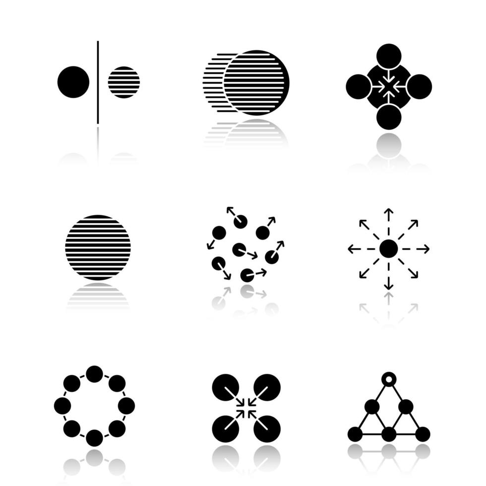 abstracte symbolen slagschaduw zwarte pictogrammen instellen. tegenovergestelde, beweging, concentratie, geheel, chaos, verspreiding, cirkel, coöperatief, hiërarchie. geïsoleerde vectorillustraties vector