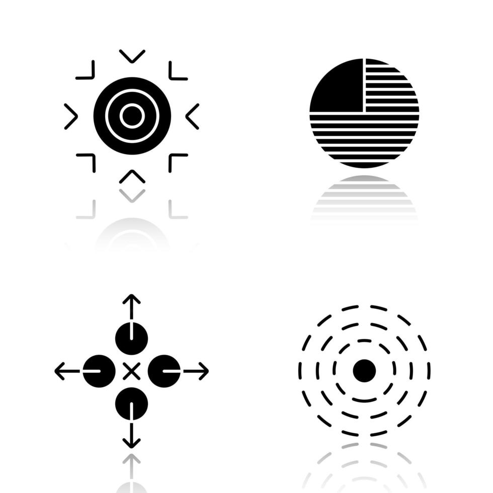 abstracte symbolen slagschaduw zwarte pictogrammen instellen. doel, deel, richtingen, invloedsconcepten. geïsoleerde vectorillustraties vector