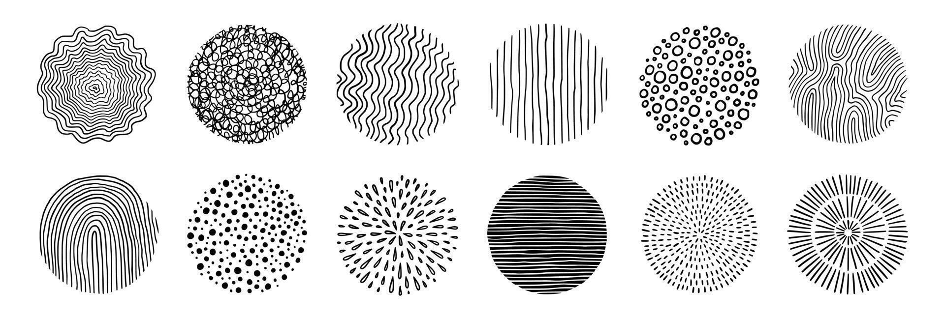 abstract lijn patroon cirkel set. hand- getrokken textuur, tekening decoratief lijn, spiraal, kattebelletje grafisch ronde element. cirkel getrokken borstel grunge textuur. vector