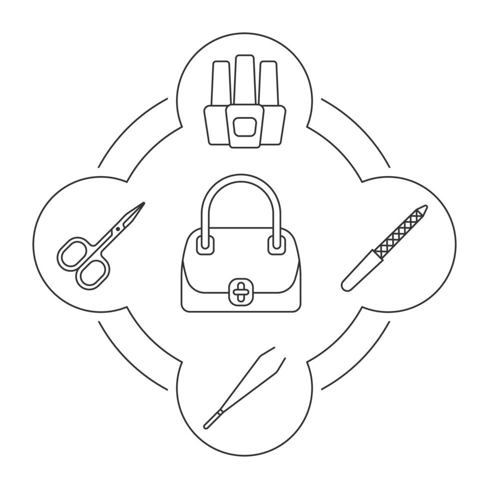 manicure inhoud lineaire pictogrammen instellen. dameshandtas, nagelvijl- en nagellakflessen, manicurepincet en schaar. geïsoleerde vectorillustraties vector