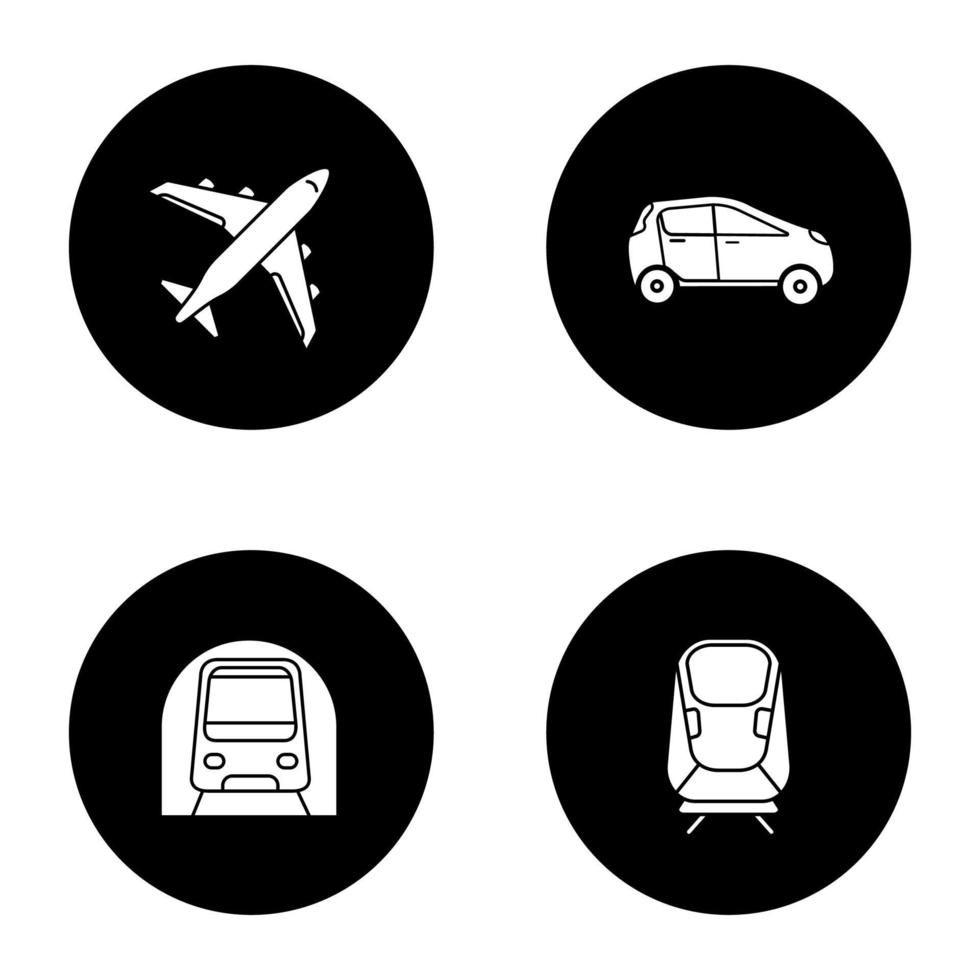 openbaar vervoer glyph pictogrammen instellen. soorten transport. vliegtuig, auto, transrapid, metro. vector witte silhouetten illustraties in zwarte cirkels