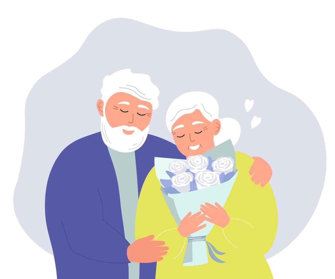gelukkig ouderen paar knuffelen. de oud Mens geeft bloemen naar zijn vrouw. vector