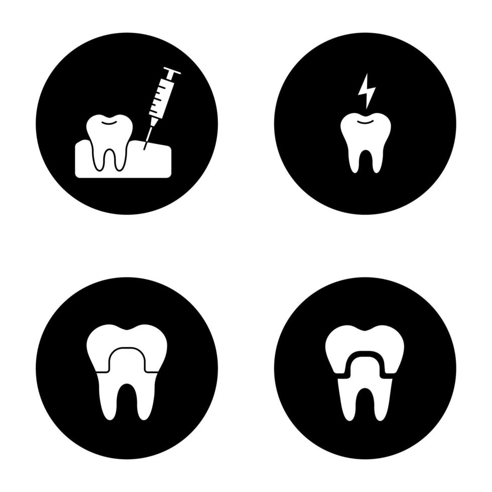 tandheelkunde glyph pictogrammen instellen. stomatologie. tandvleesinjectie, tandkroon, kiespijn. vector witte silhouetten illustraties in zwarte cirkels