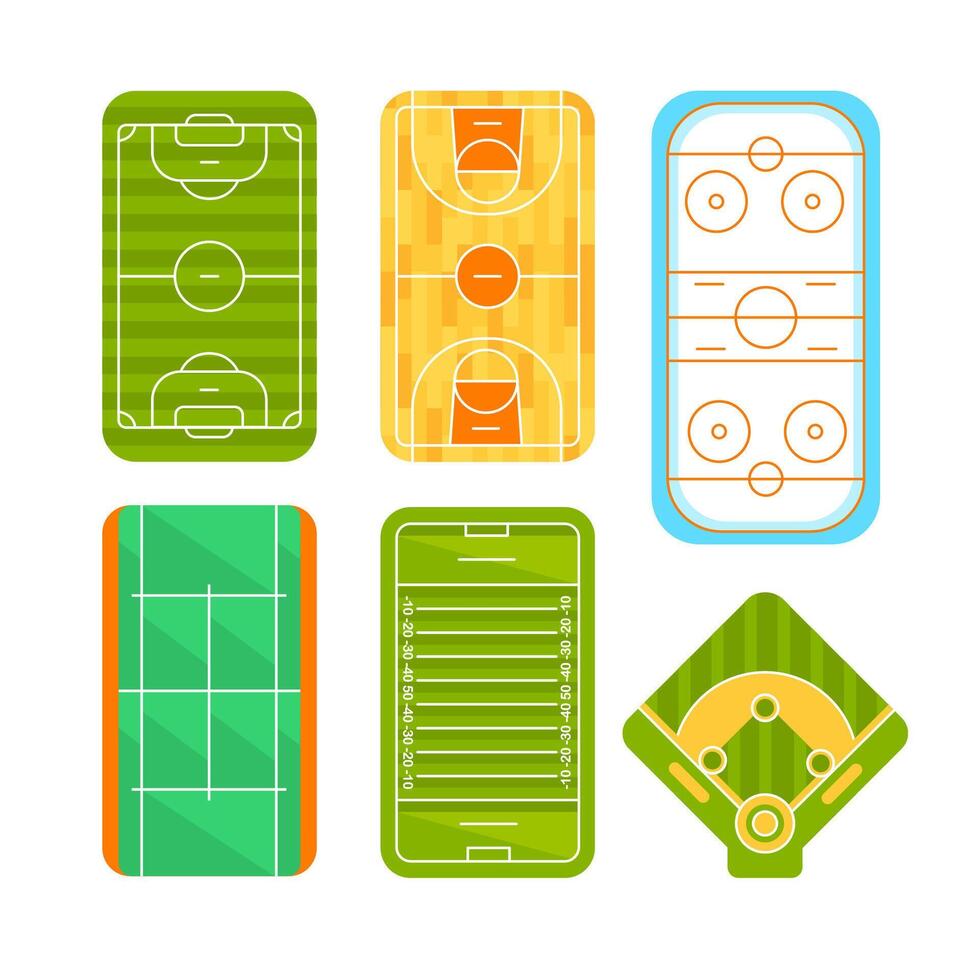 sport grond. velden voor sport spellen. basketbal, volleybal, voetbal en ijs hockey, tennis en basketbal vector