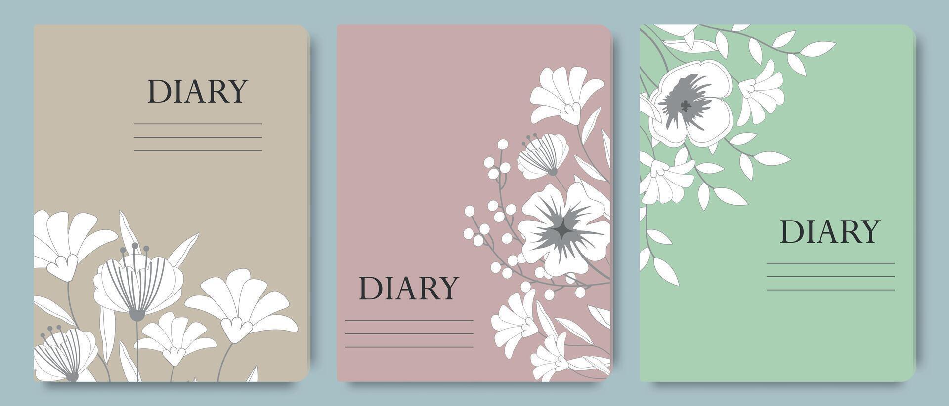 een reeks van dagboek Hoes Sjablonen met hand- getrokken bloemen ontwerp. abstract retro botanisch achtergrond, voor school- notitieboekjes, planners, brochures, boeken, catalogi, dekt. vector